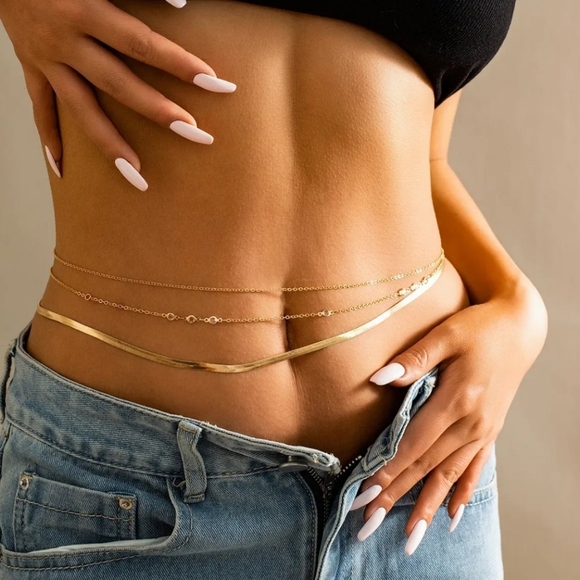 Fashion Jewelry Jewelry - Belly Chain Set 3 Gold Tone Copper Inlay Chains Zircon Accents